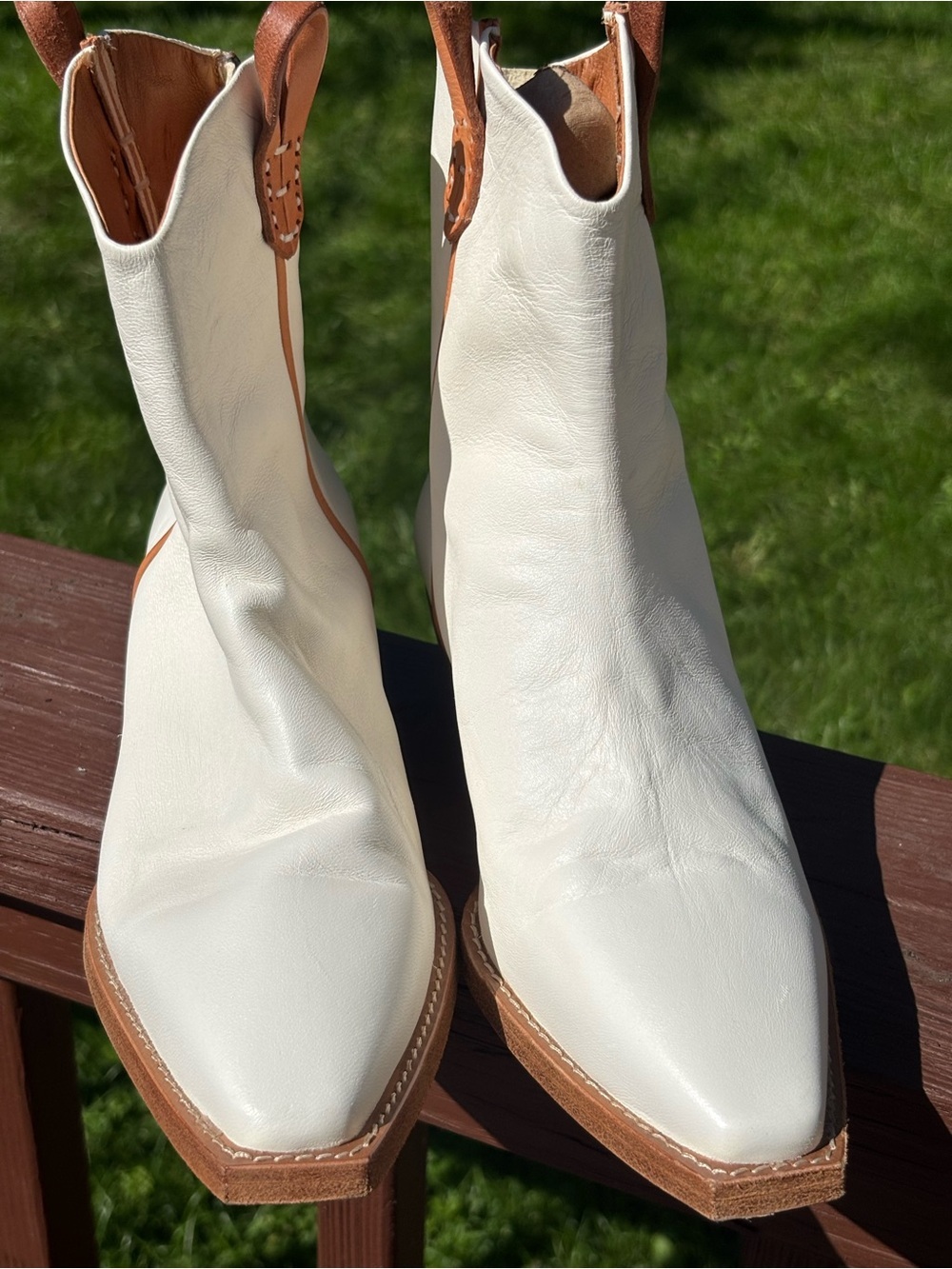 We The Free Cream Leather Western Ankle Boots with Tan Trim - Picture 10 of 14